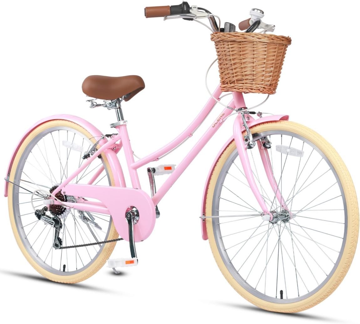 Glerc Missy Bicicleta urbana para niña 20/24/26″ – 6 velocidades, estilo cruiser híbrido, cesta de mimbre, desde 6 años, varios colores