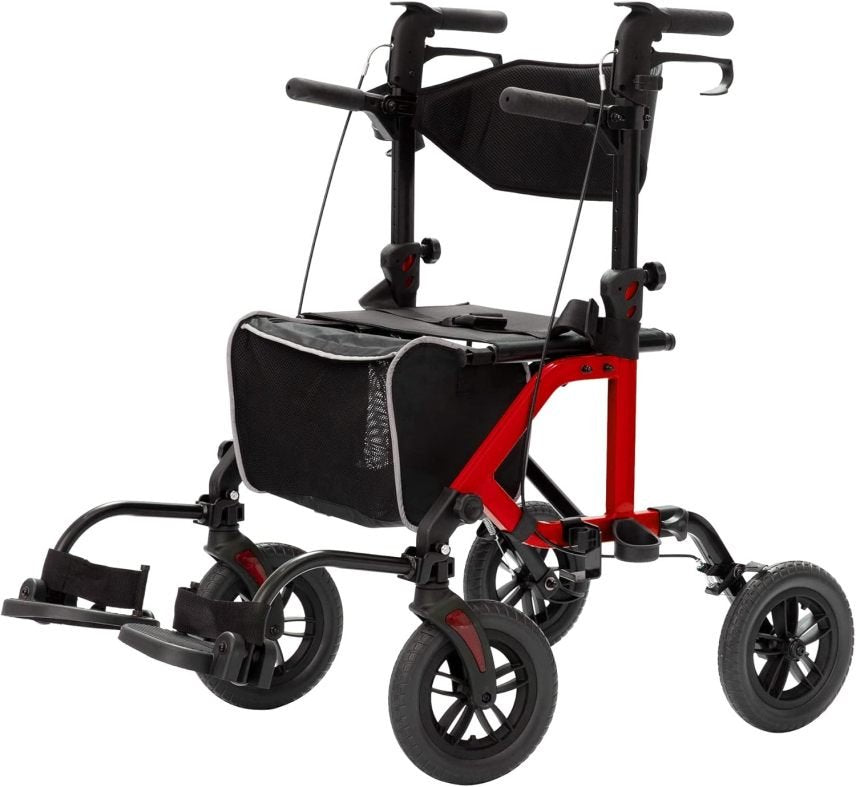 Andador todoterreno 2 en 1 y silla de transporte – Plegable, ruedas macizas 10″, respaldo reversible y reposapiés extraíbles, azul