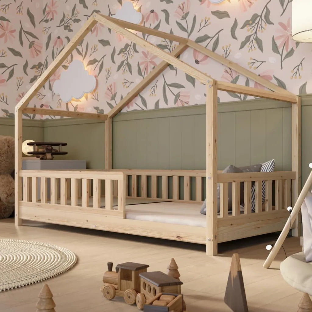 Crazy Pine Cama casita con cajones 200 × 90 cm – Cama infantil de madera natural con barrera anticaídas