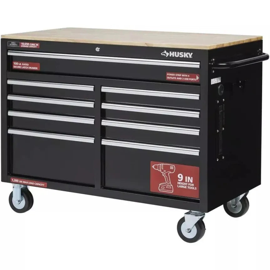 Banco de trabajo móvil profundo 46″ × 24″ con carro de herramientas de 9 cajones – Negro brillante