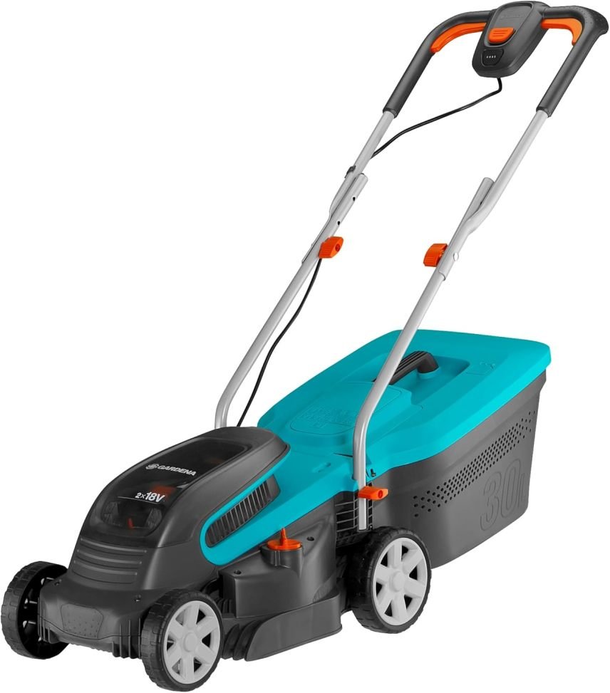 Gardena PowerMax 32/36V P4A Kit cortacésped inalámbrico listo para usar – Hasta 200 m², anchura 32 cm, cesta 30 L, altura 20-60 mm, 2 baterías 18…