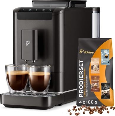 Tchibo Esperto2 Caffè Cafetera automática con función 2 tazas para Caffè Crema y espresso, Granite Black – Pack de degustación de café de regalo