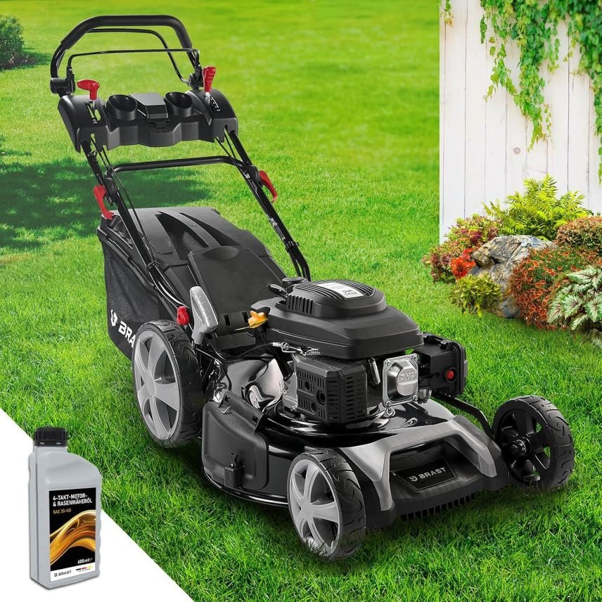 BRAST Cortacésped de gasolina autopropulsado – 5,2 kW (7 CV), corte 55 cm, altura 30-80 mm, cesta 60 L, motor 4 tiempos OHV, chasis de acero, Power