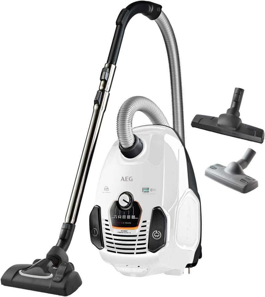 AEG VX7-2-IW-S Aspirador – Ruedas suaves 360°, solo 69 dB(A), accesorios, asa Ergo, filtro lavable, 650 W, radio 12 m, blanco