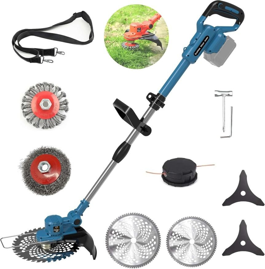 Cortabordes a batería compatible con baterías Makita con 5 tipos de cuchillas – Sin batería, azul