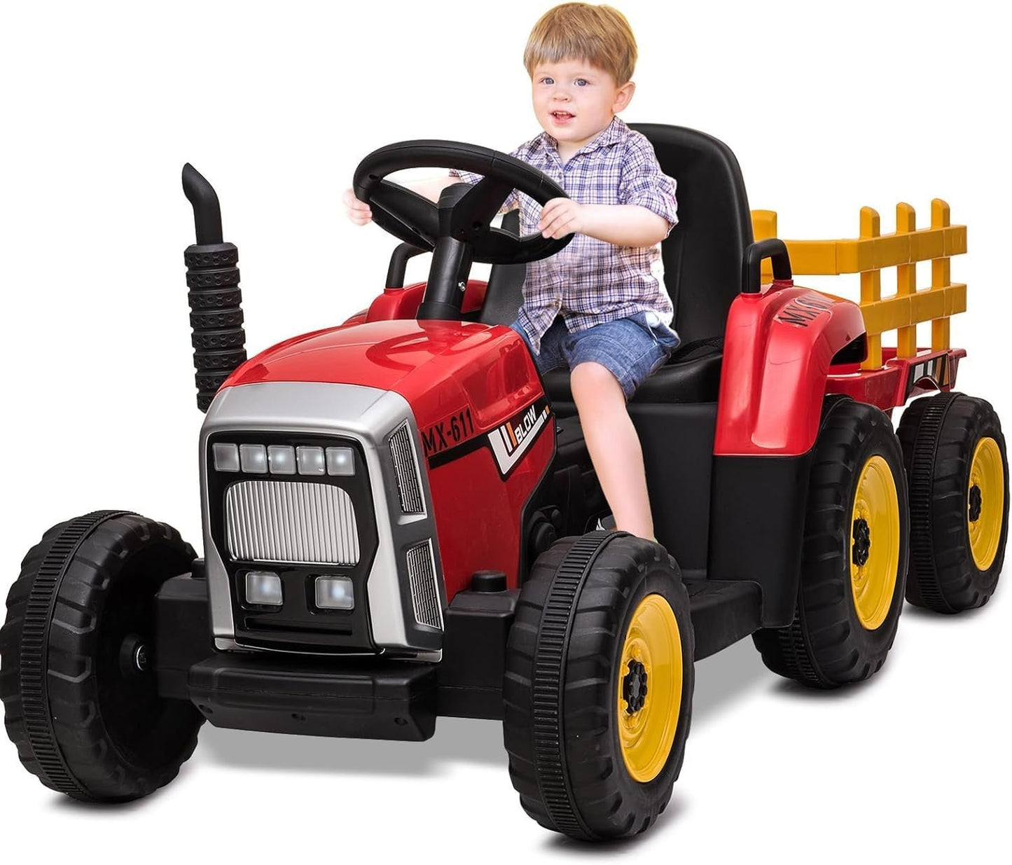 HAUSPROFI Tractor eléctrico infantil 12 V 3 velocidades con remolque – 2 modos, mando a distancia 2,4 GHz, LED, Bluetooth, música, USB, desde 3…