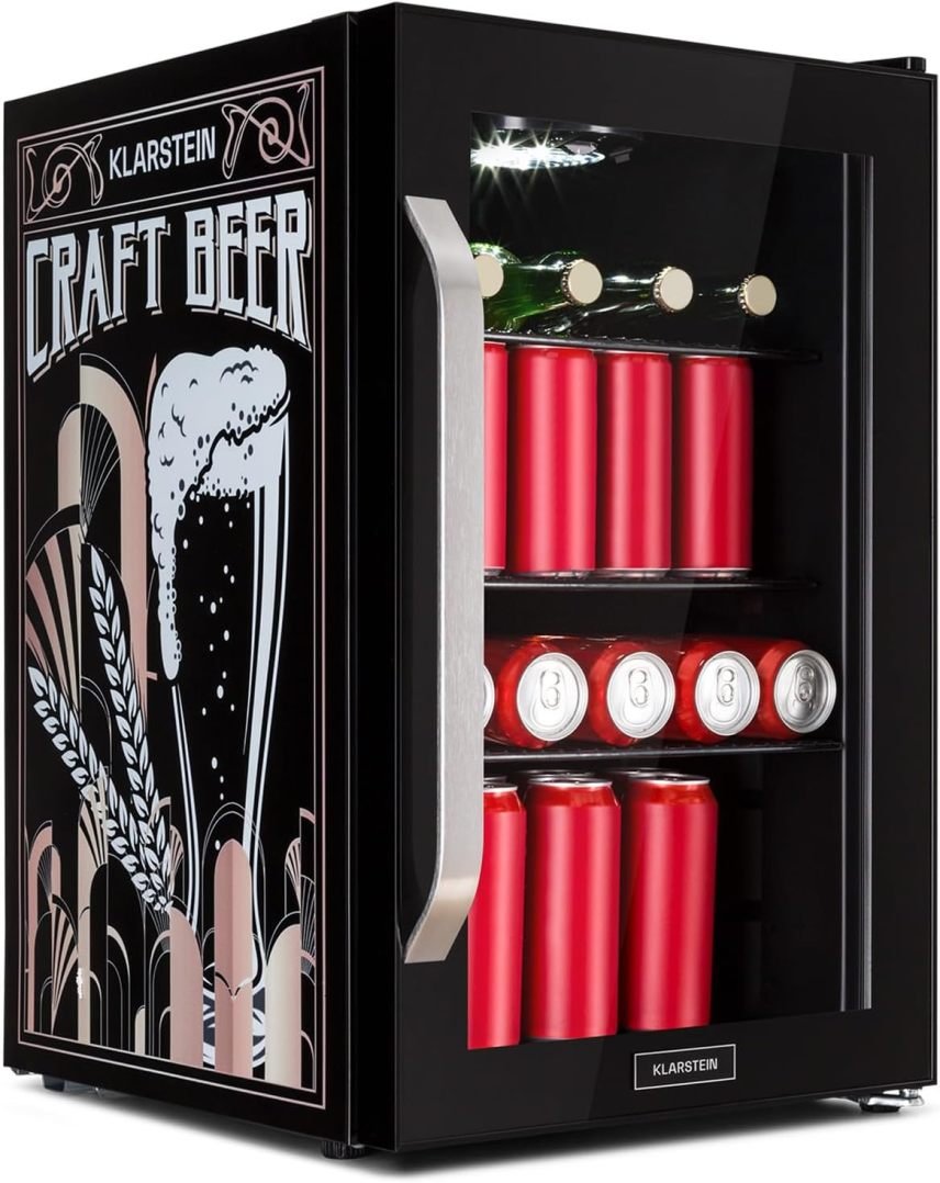 Klarstein Mini frigorífico 70 L – Estantes extraíbles, puerta de vidrio, LED, silencioso, apto para exterior, 0–10 °C, ideal para bebidas y botellas