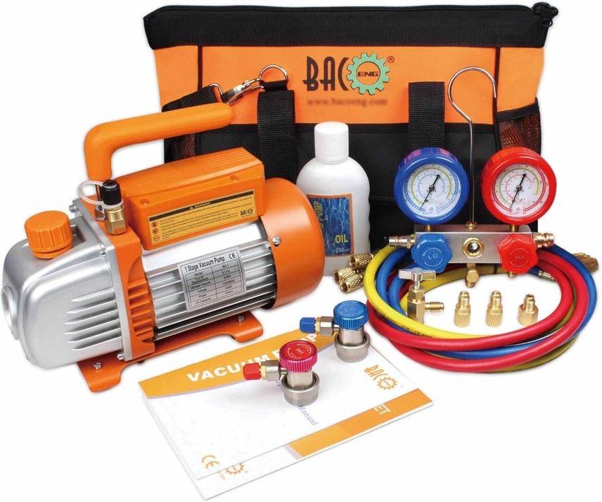 BACOENG Kit de bomba de vacío para climatización HVAC / automóvil – Recarga de refrigerante, compatible con R134A, R410A, R407C y R32