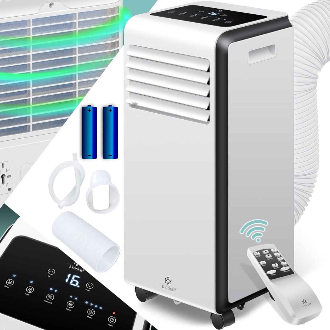KESSER Aire acondicionado portátil 4 en 1 – Refrigeración, deshumidificación, ventilación, 9000 BTU/h, 1005 W, mando a distancia, temporizador,…