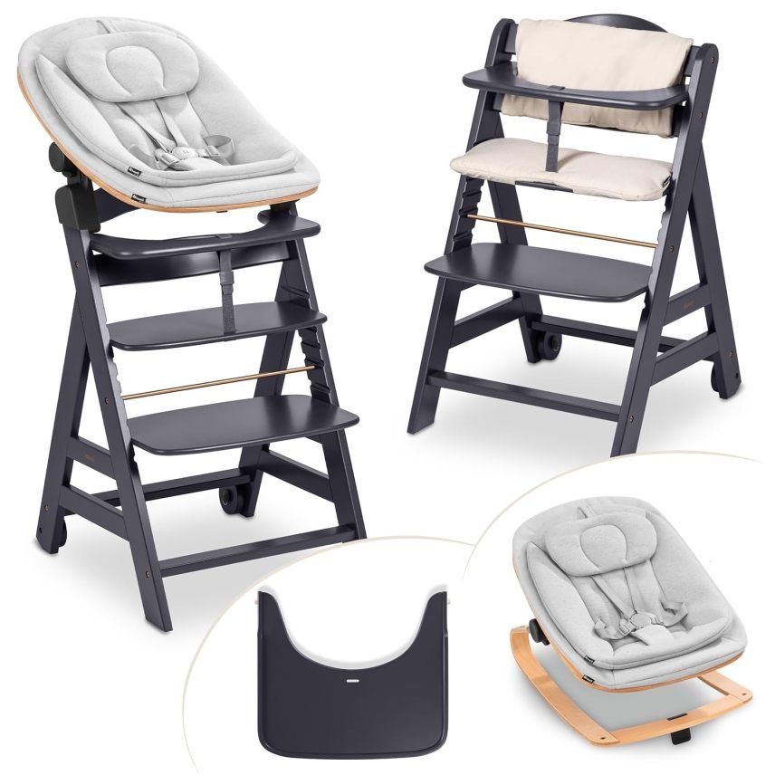 Hauck Beta+ Newborn Set Eco Bouncer Trona evolutiva de madera desde el nacimiento, con hamaca para recién nacido, cojín y bandeja, gris oscuro