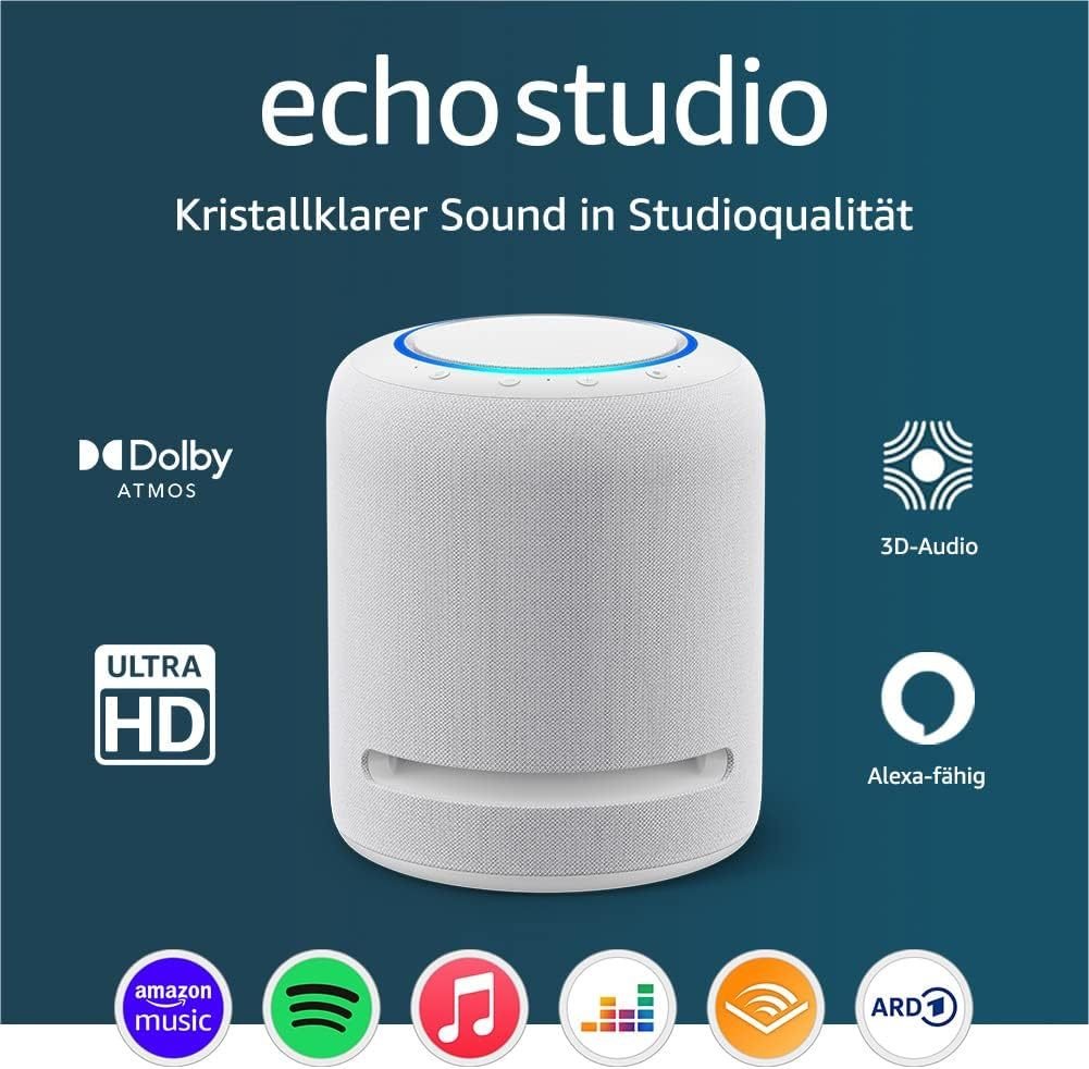 Echo Studio última generación – Altavoz inteligente Wi-Fi/Bluetooth con Dolby Atmos, audio 3D, hub de hogar inteligente y Alexa, blanco