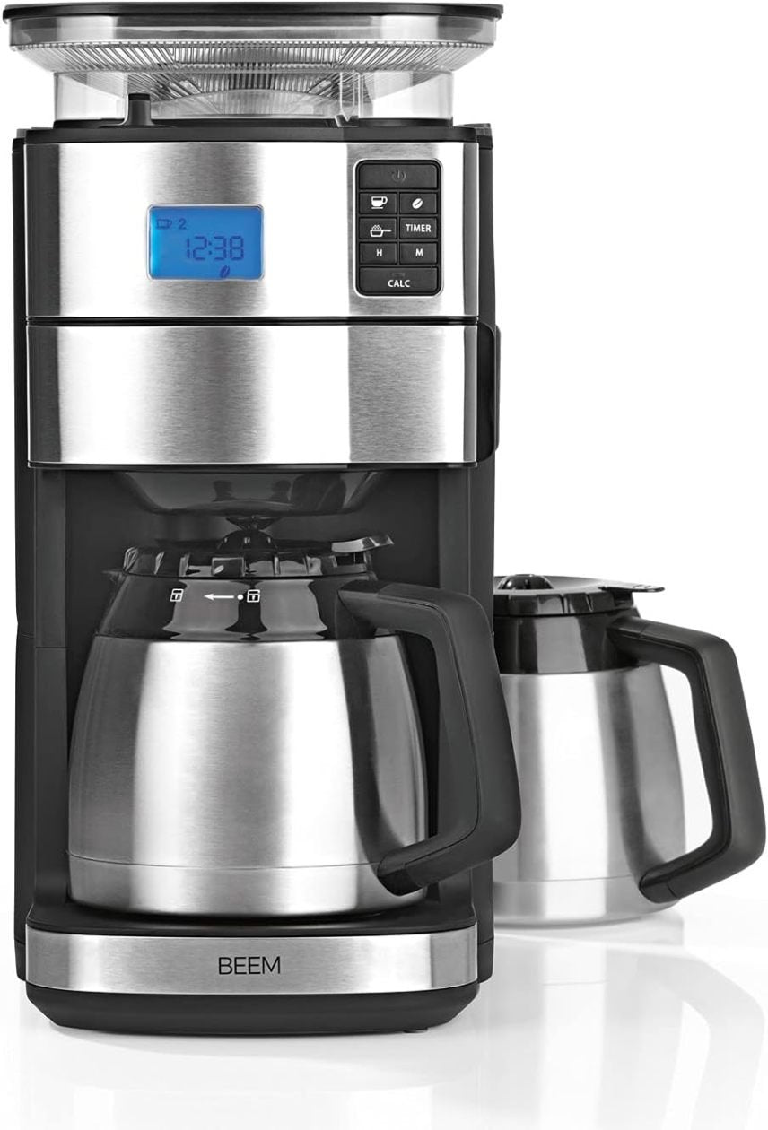 BEEM FRESH-AROMA-PERFECT II Cafetera de filtro con molinillo – Inox, jarra térmica, temporizador 24 h, 1000 W, depósito de granos 180 g