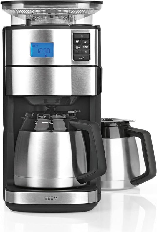 BEEM FRESH-AROMA-PERFECT II Cafetera de filtro con molinillo – Inox, jarra térmica, temporizador 24 h, 1000 W, depósito de granos 180 g
