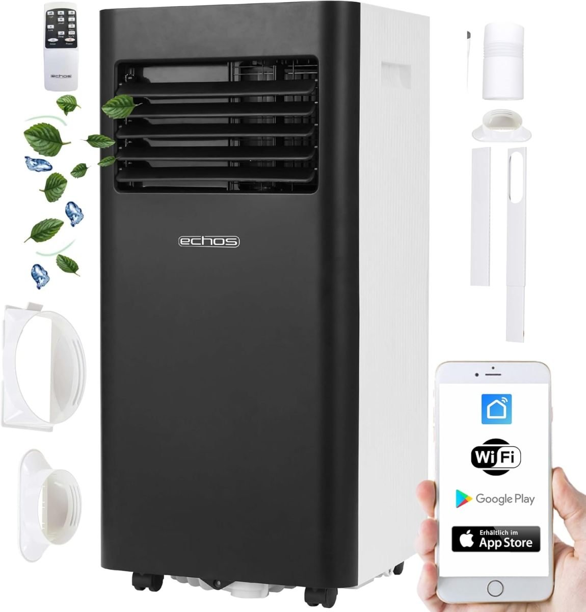 Echos Aire acondicionado portátil 3 en 1 Wi-Fi – Kit de ventana, tubo de evacuación, temporizador 24 h, mando a distancia, 9000 BTU, 3 modos