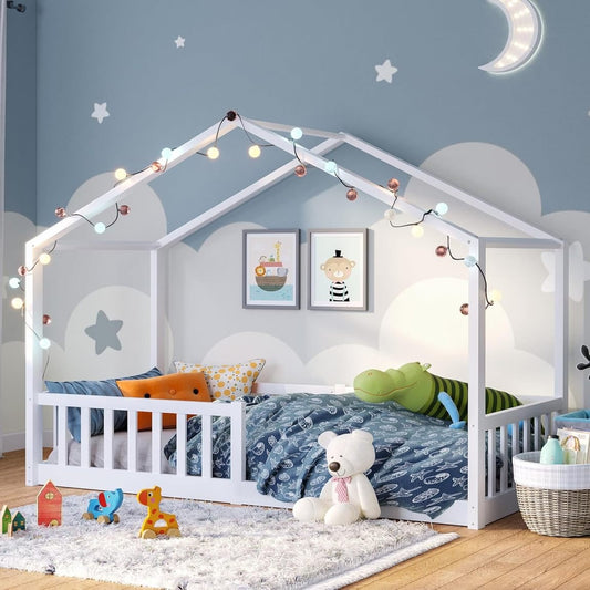 Bellabino Bia Cama casita infantil 140 × 200 cm – Barrera anticaídas, somier de lamas, cama Montessori a ras de suelo de pino macizo blanco