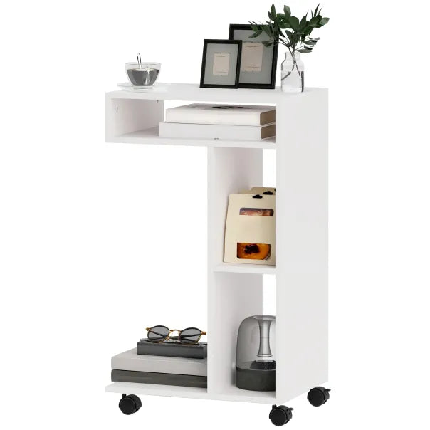 HOMCOM Mesa auxiliar en C con ruedas y estantes – Blanco