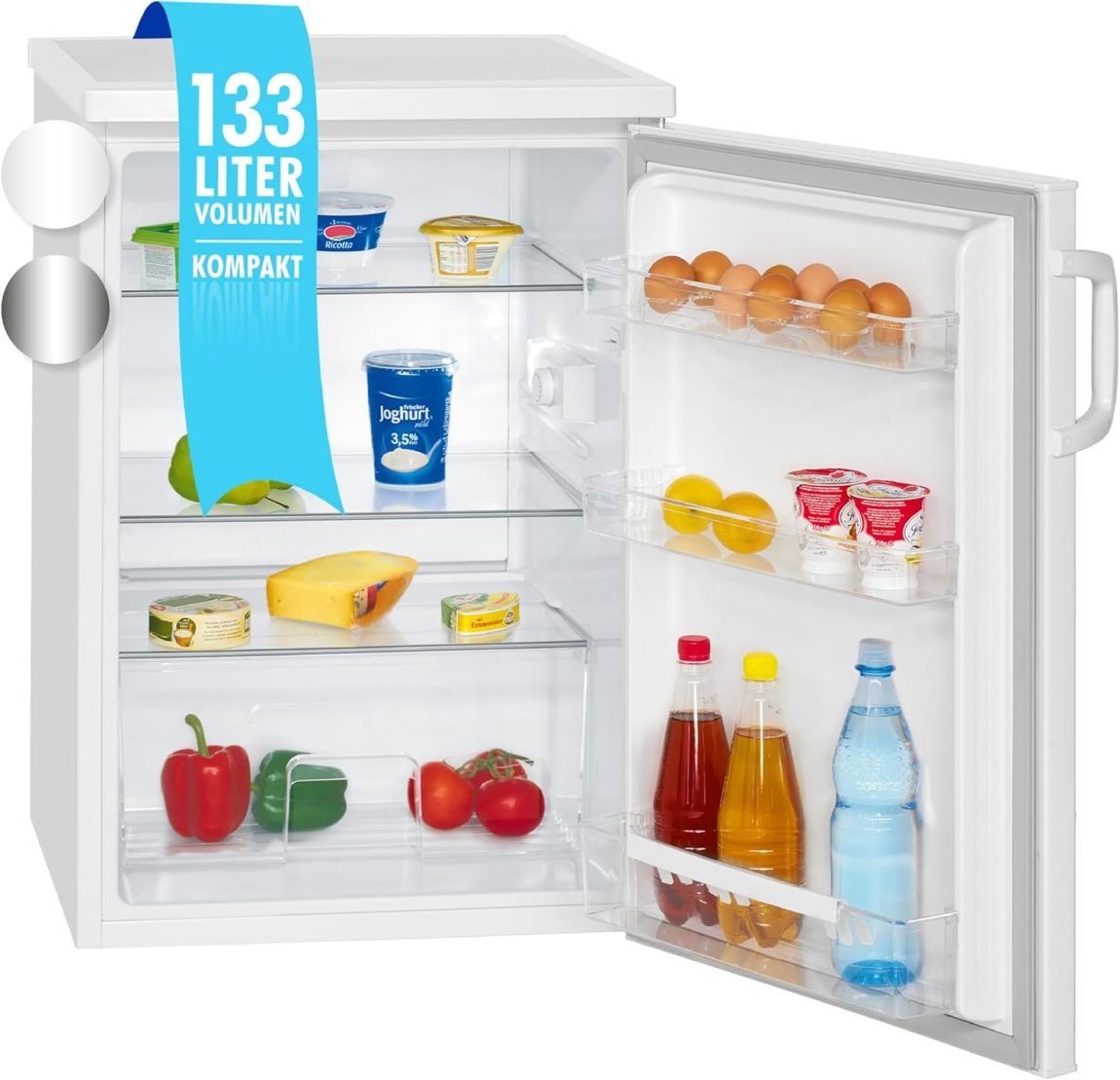 Bomann VS 2195.1 Frigorífico 133 L sin congelador – 3 estantes, cajón para verduras, puerta reversible, silencioso, iluminación LED