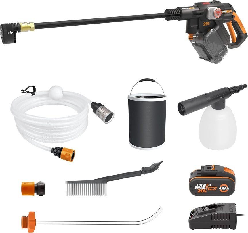 WORX Nitro Hydroshot WG633E.1 Hidrolimpiadora a batería 18 V/20 V MAX – Hasta 56 bar, 220 L/h, accesorios, batería 4,0 Ah y cargador, naranja/negro