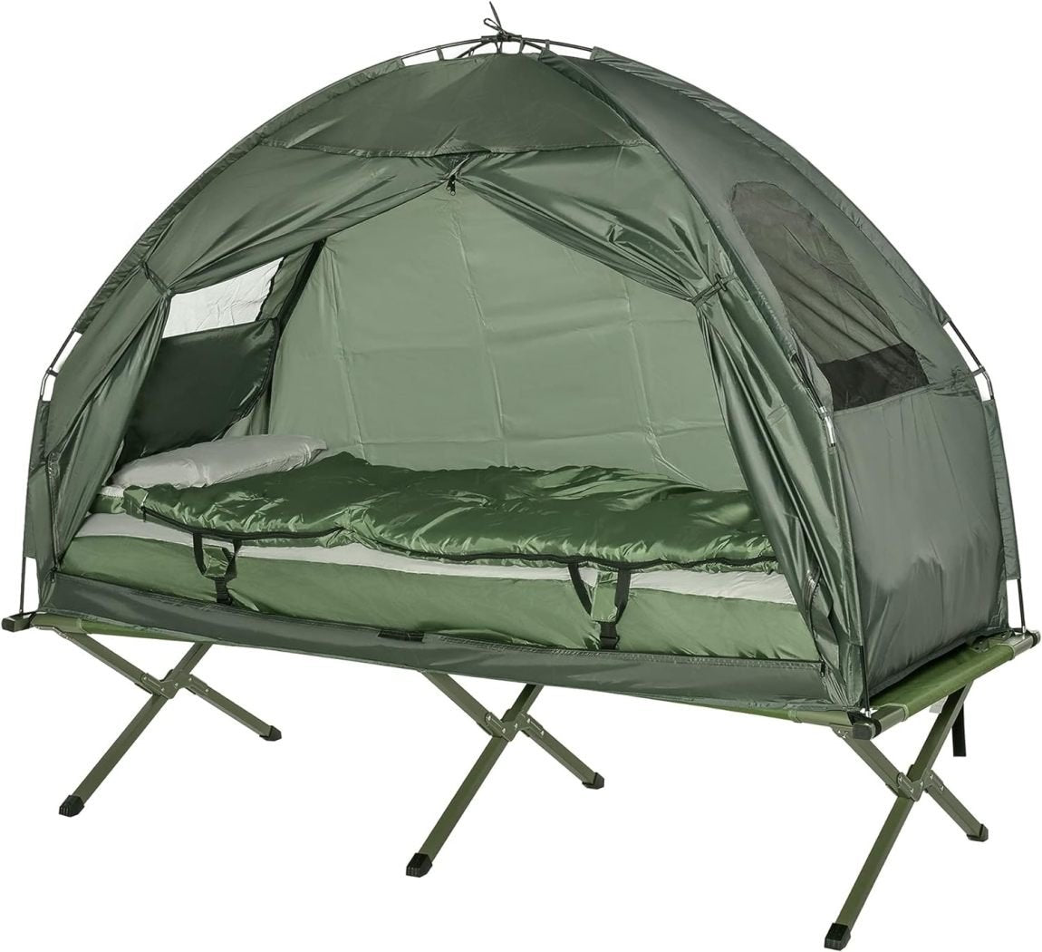 Outsunny Cama de camping 4 en 1 – Conjunto de camping con tienda, saco de dormir y colchón plegable, verde oscuro