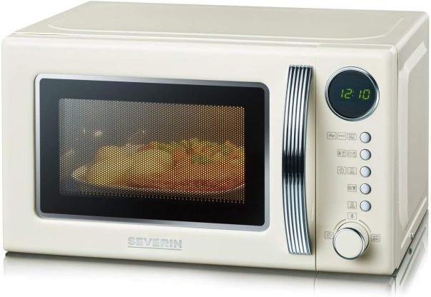 SEVERIN MW 7892 Microondas retro 2 en 1 con grill – 5 niveles de potencia, 8 programas automáticos, aprox. 700 W, crema/cromo