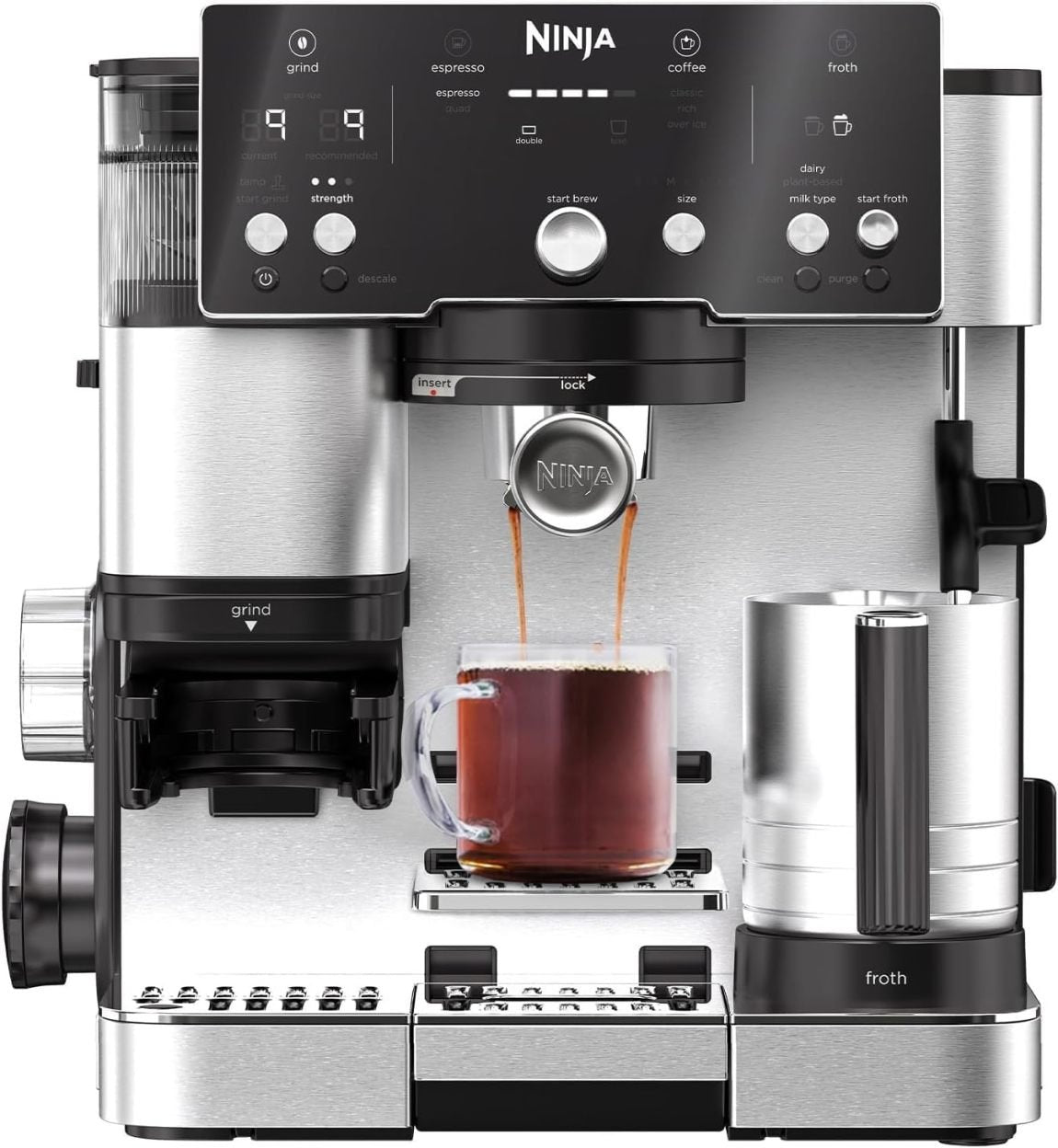 Ninja Luxe Essential ES501EU Cafetera 2 en 1 con molinillo y espumador – Latte, cappuccino y espresso, 2 ajustes de espuma, plata