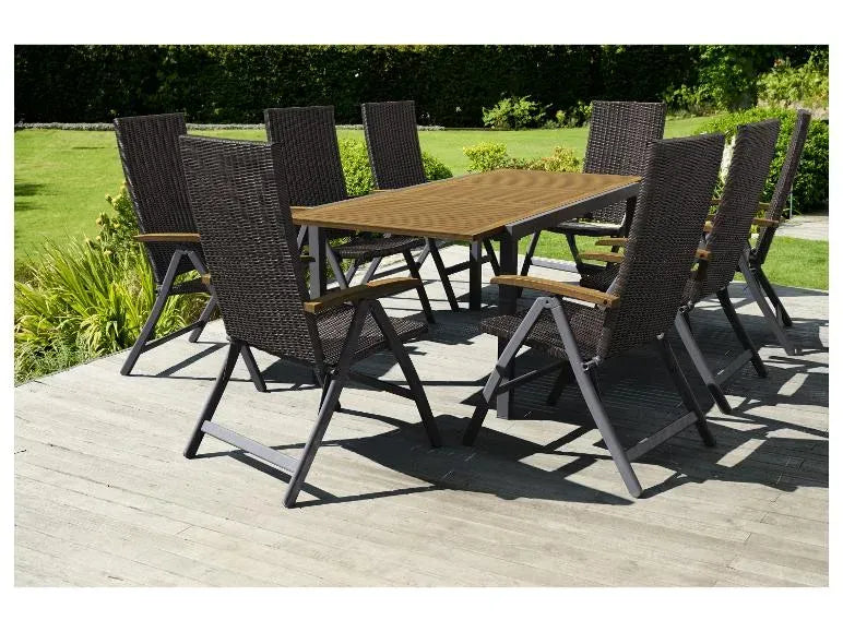 Conjunto de jardín trenzado Valencia 9 piezas – Mesa extensible y 8 sillones plegables, marrón
