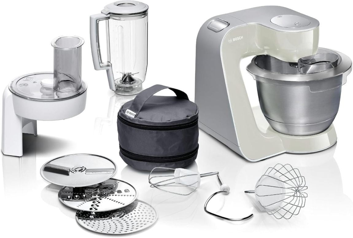 Bosch Serie 4 MUM58720 Robot de cocina – Bol inox 3,9 L, batidora 1,25 L, movimiento planetario, gancho, varillas, rallador de 3 discos, 1000 W,…
