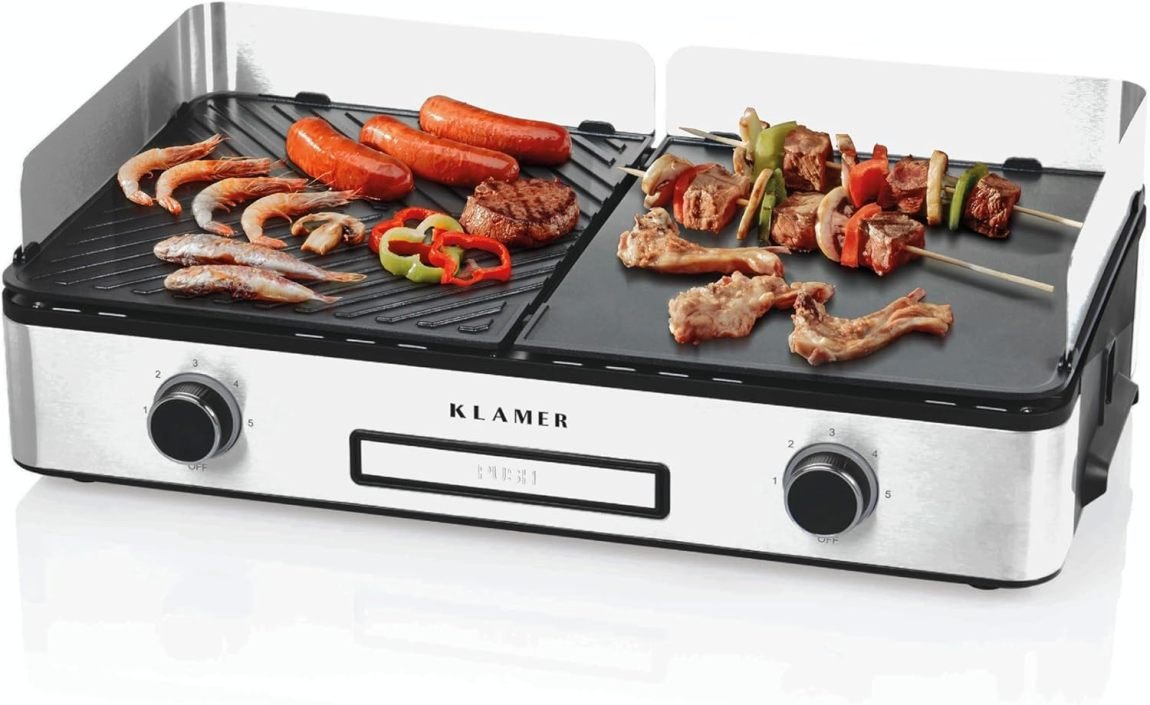 KLAMER Barbacoa eléctrica – Placas duo antiadherentes extraíbles, temperaturas separadas, 5 niveles, protector contra viento/salpicaduras y…