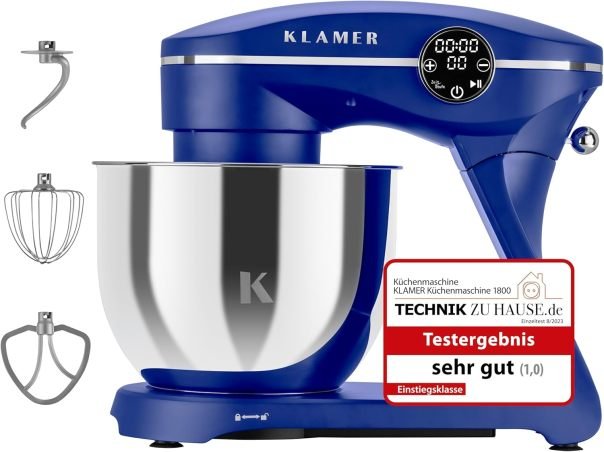 KLAMER Robot de cocina amasador 1800 W con bol de acero inoxidable 6 L, 10 velocidades y temporizador, batidor, gancho amasador, varillas y tapa…