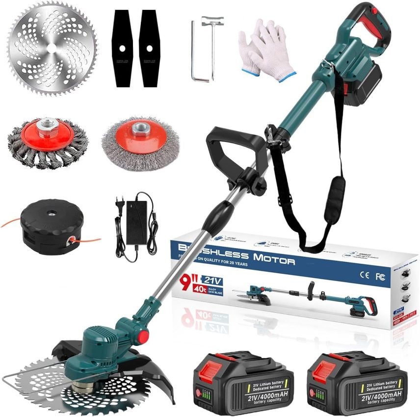 Hengriacly Cortabordes a batería 21 V – Compatible con baterías Makita, cepillo desherbador, motor brushless 750 W, 2 baterías 4,0 Ah y cargador…