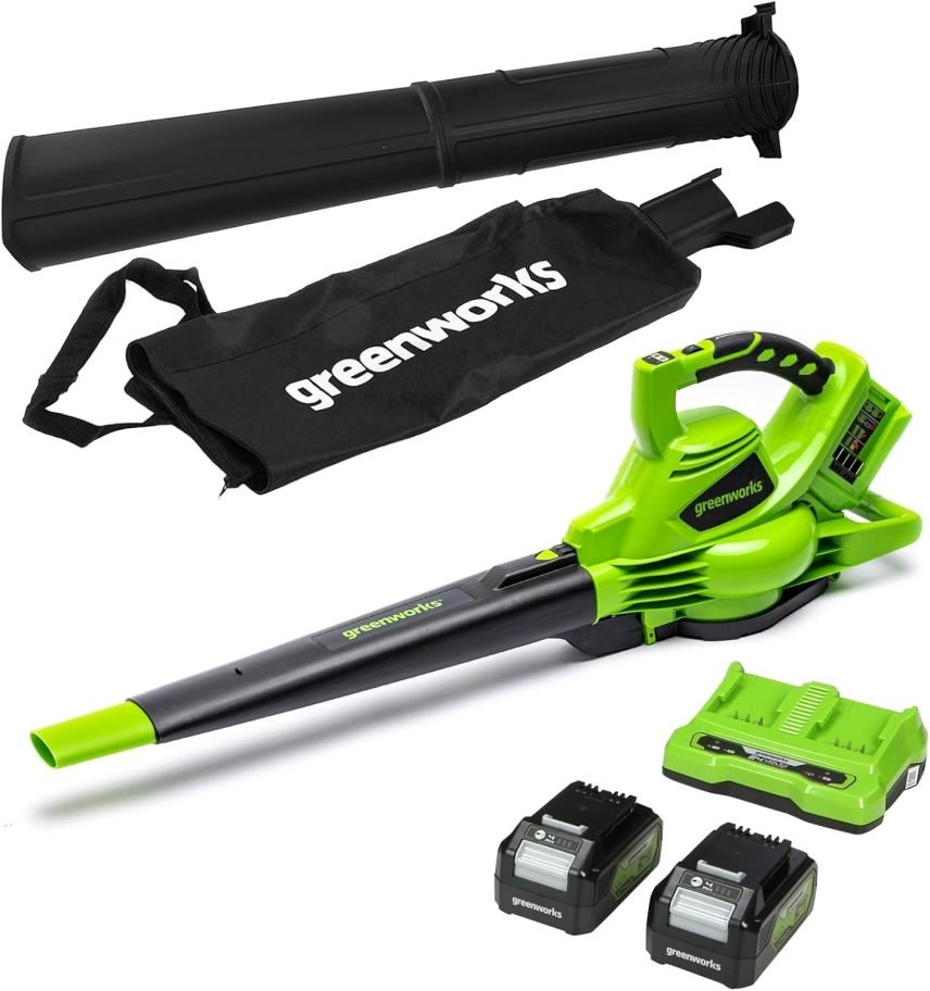 Greenworks Aspirador/soplador de hojas a batería 48 V (2×24 V) – Brushless, hasta 322 km/h, bolsa 45 L, 2 baterías 4 Ah y cargador, garantía 3…