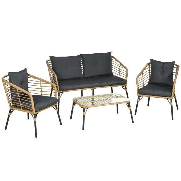 Outsunny Conjunto de jardín de 4 piezas de ratán sintético estilo bohemio – Mesa de centro de vidrio