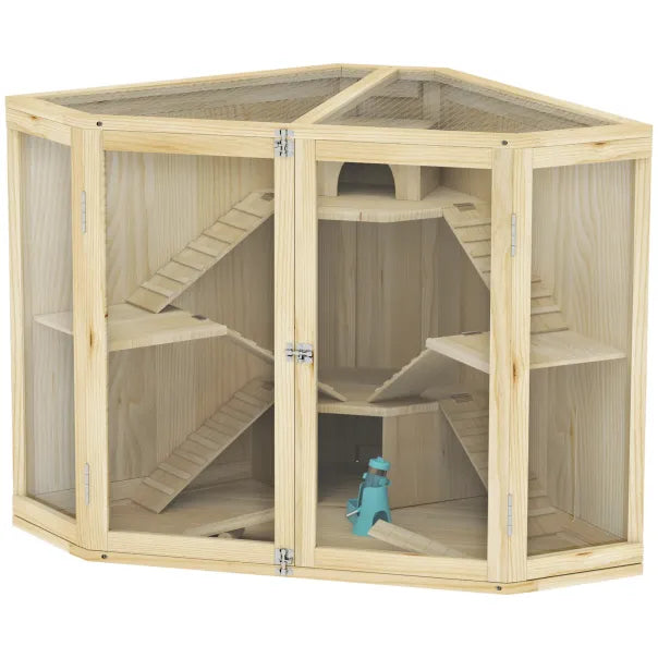 PawHut Jaula para hámster de madera de 4 niveles con accesorios y ventana