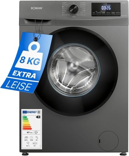 Bomann Lavadora 8 kg, 1400 rpm – Garantía de motor 10 años, motor inverter silencioso, 15 programas, pantalla LED, función vapor, WA 7185…