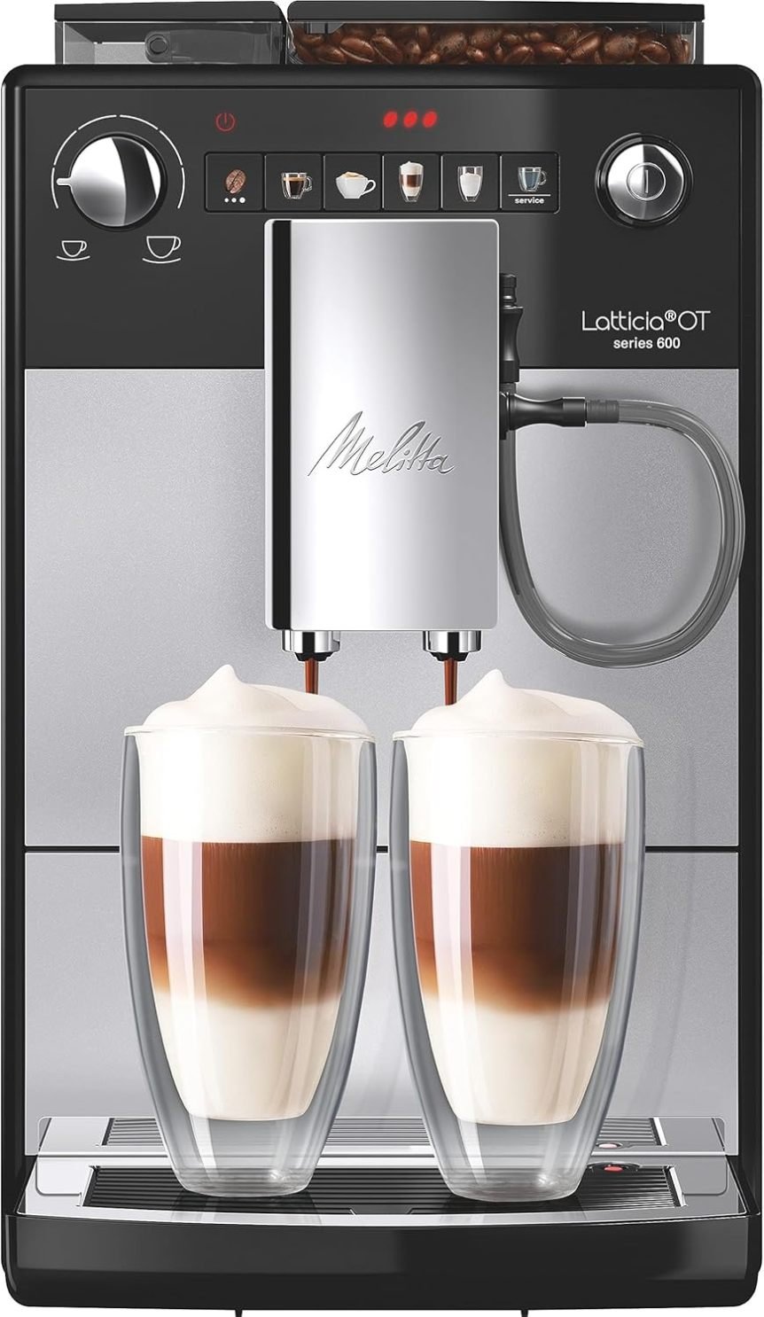 Melitta Latticia OT Cafetera automática – Sistema de leche, molinillo y función capuchino, plateado/negro