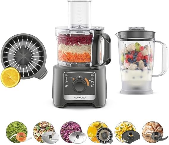 Kenwood MultiPro Compact FDP31.360GY Robot 800 W – Bol 2,1 L, batidora 1,2 L, 2 velocidades + Pulse, gancho, discos y exprimidor, gris