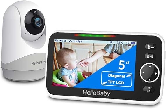 HelloBaby Vigilabebés con vídeo, cámara y audio – Pantalla 5 pulgadas, batería 3500 mAh, cámara PTZ, audio bidireccional, modo ECO, visión…