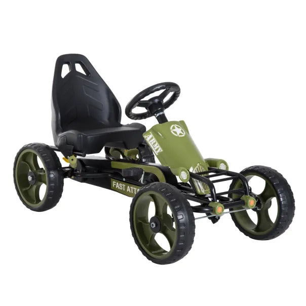HOMCOM Kart a pedales infantil estilo militar – Freno de mano y ajustes regulables