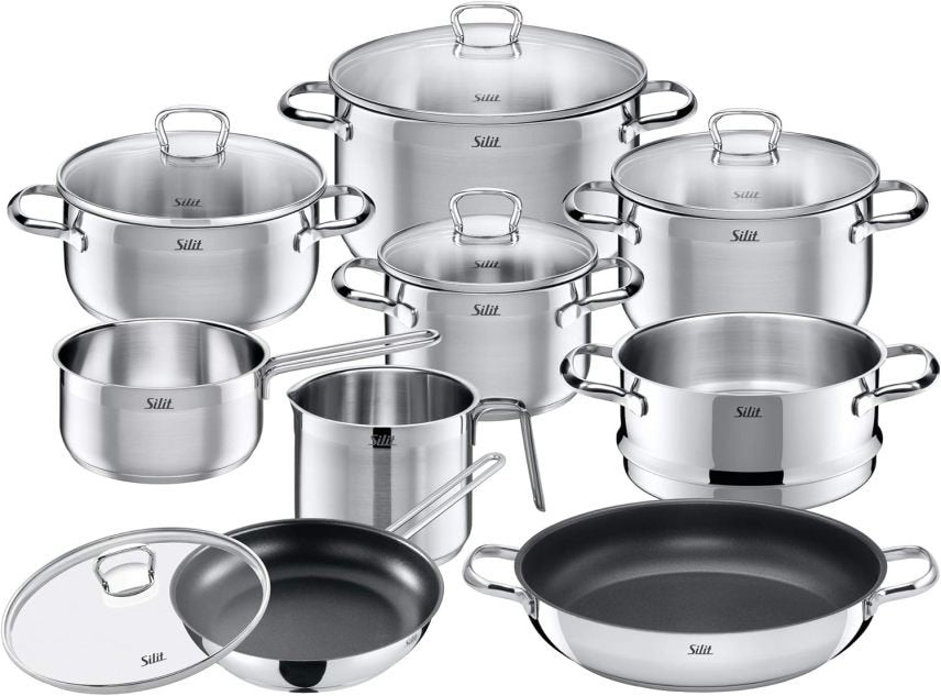 Silit Toskana Batería de cocina de inducción 10 piezas – Ollas con tapas de vidrio, cazo para leche, vaporera y sartén, acero inoxidable satinado…