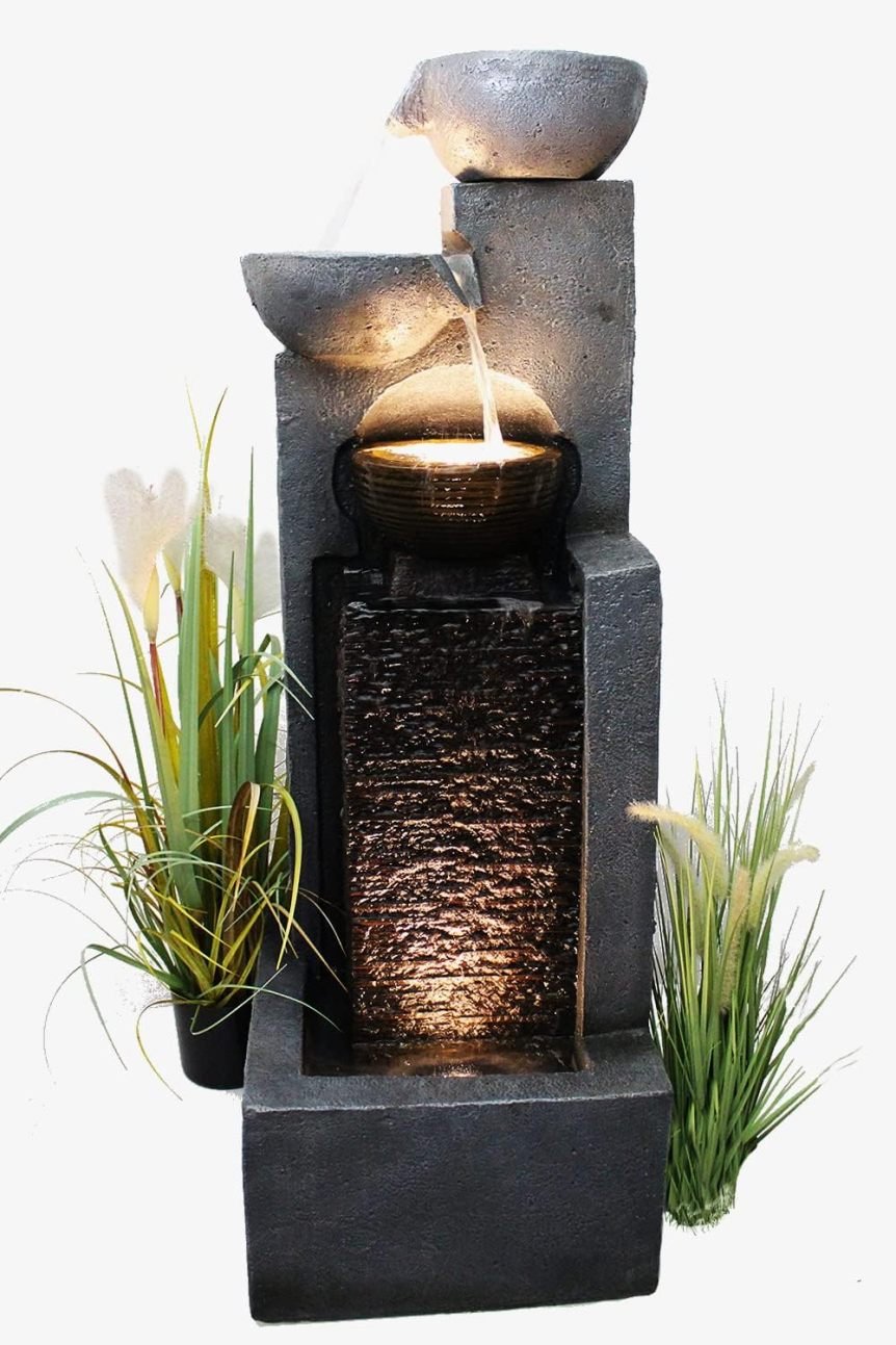Arnusa Gran fuente de jardín con iluminación LED – Negro/gris