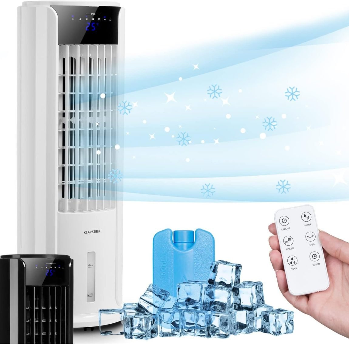 Klarstein Enfriador de aire por agua 4 en 1 – Humidificador, ventilador, modo noche, depósito 3,5 L, temporizador, 60 W, caudal 486 m³/h