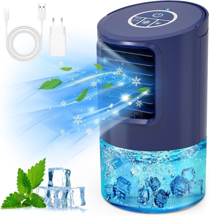 RenFox Mini enfriador de aire 5 en 1 – Aire acondicionado portátil, ventilador, humidificador, 3 velocidades, 7 LED, para hogar y oficina