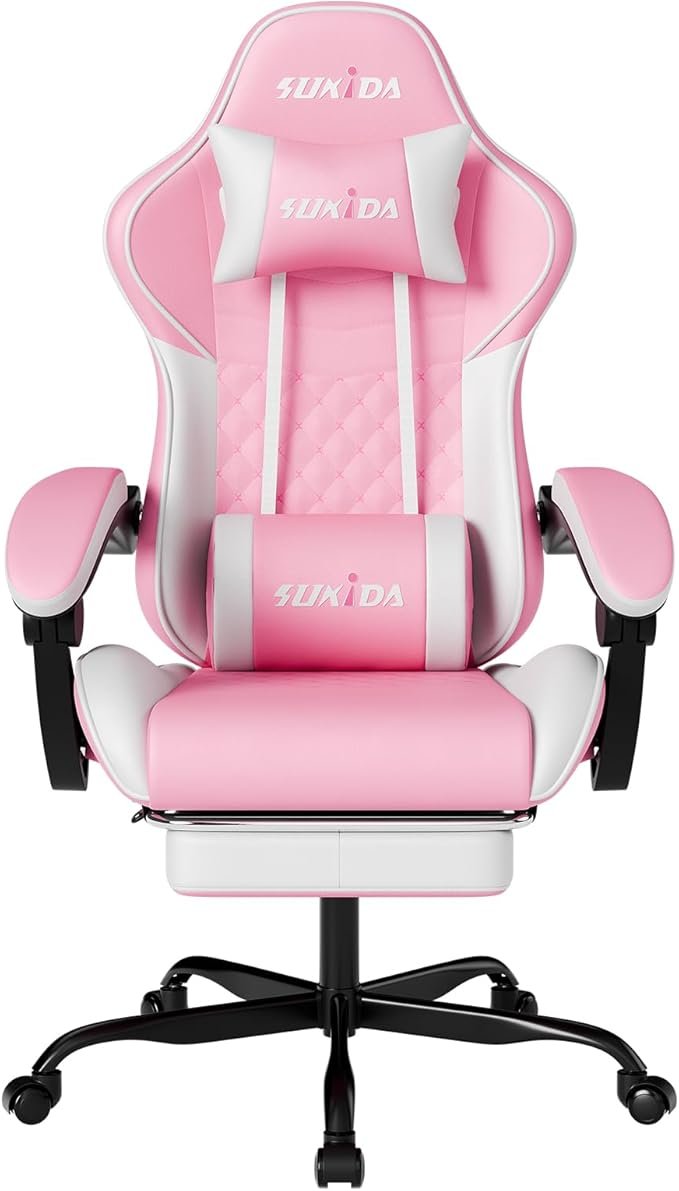 SUKIDA Silla gaming Racing ergonómica – Reposapiés, respaldo 90-135°, soporte lumbar, altura regulable, rosa/blanco