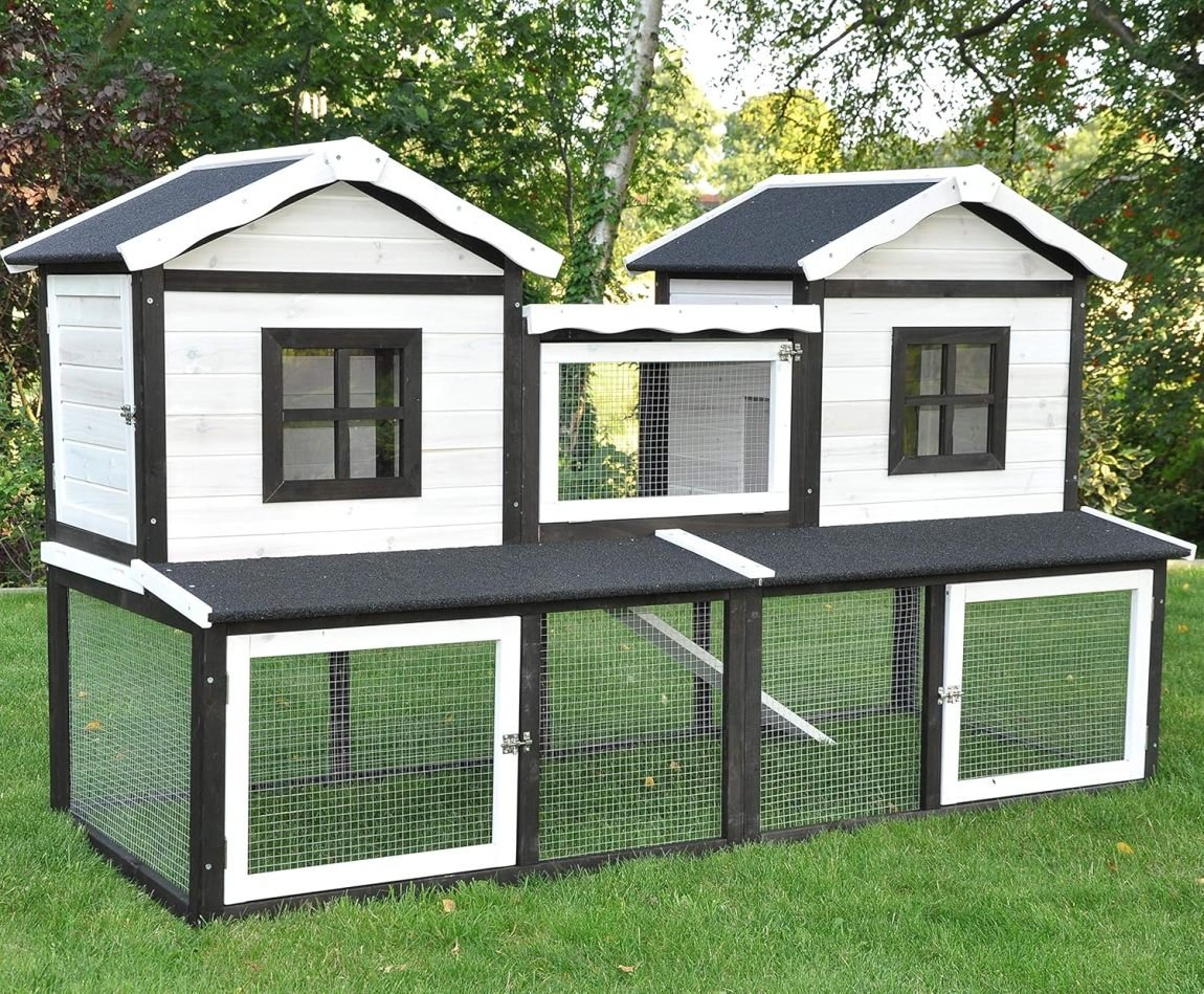 nanook Conejera XXL Premium para conejos y pequeños animales – Recinto exterior 197 × 85 × 112 cm, marrón/blanco, 2 niveles