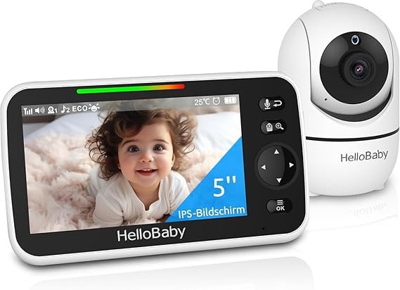 HelloBaby Vigilabebés con vídeo y cámara – Pantalla 5 pulgadas, autonomía 30 h, PTZ 355°/120°, zoom 2×, visión nocturna, temperatura, 8 nanas,…