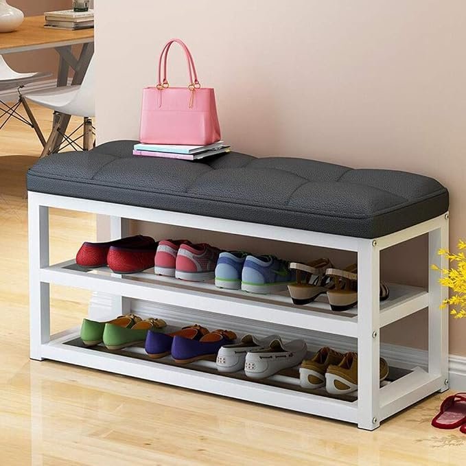 Gzz Banco zapatero estilo nórdico 2 niveles – 60 × 30 × 44 cm, asiento y almacenamiento, efecto madera