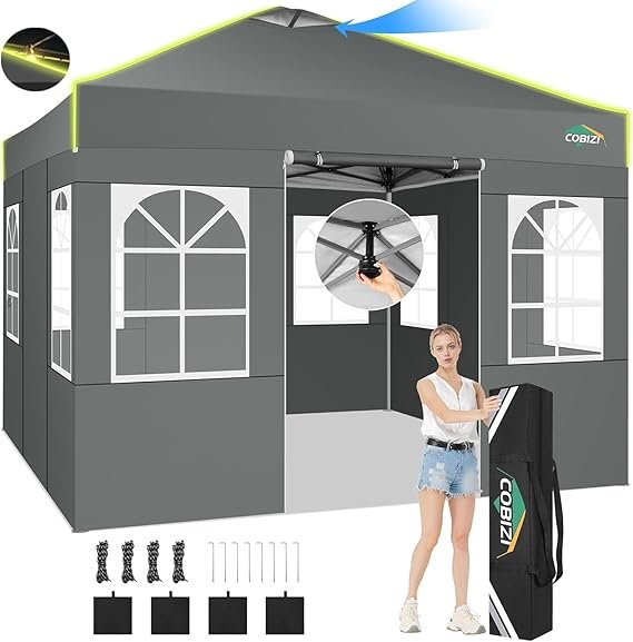 COBIZI Cenador plegable 3 × 3 m – Pop-up impermeable y resistente al invierno, cierre central con un botón, protección UV, 4 paredes, 3 alturas, gris