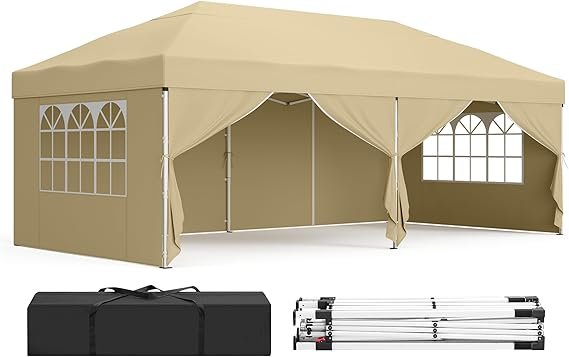SONGMICS Cenador plegable 3 × 6 m – Carpa de jardín/recepción con paredes, ligera, impermeable, protección UV, portátil, beige, GCT204LZ01