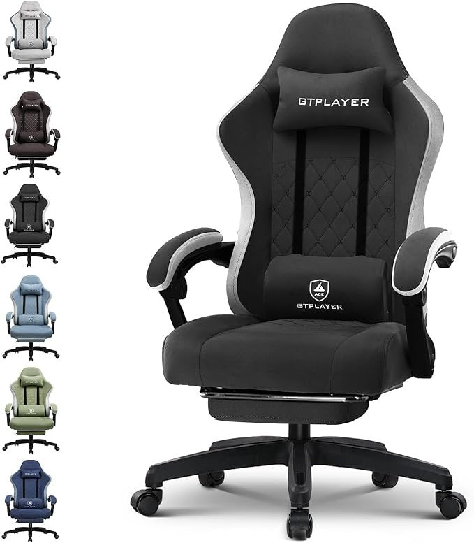 GTPLAYER Silla gaming ergonómica de tela – Cojín con muelles, reposabrazos y reposapiés, carga hasta 150 kg, negro claro