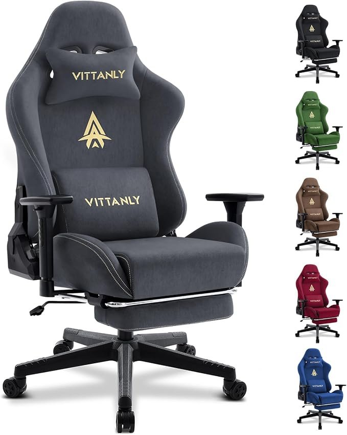Vittanly Silla gaming de lujo ergonómica – Ante sintético, reposapiés, cojines de cabeza/lumbares, reposabrazos 3D, respaldo 90-155°, gris